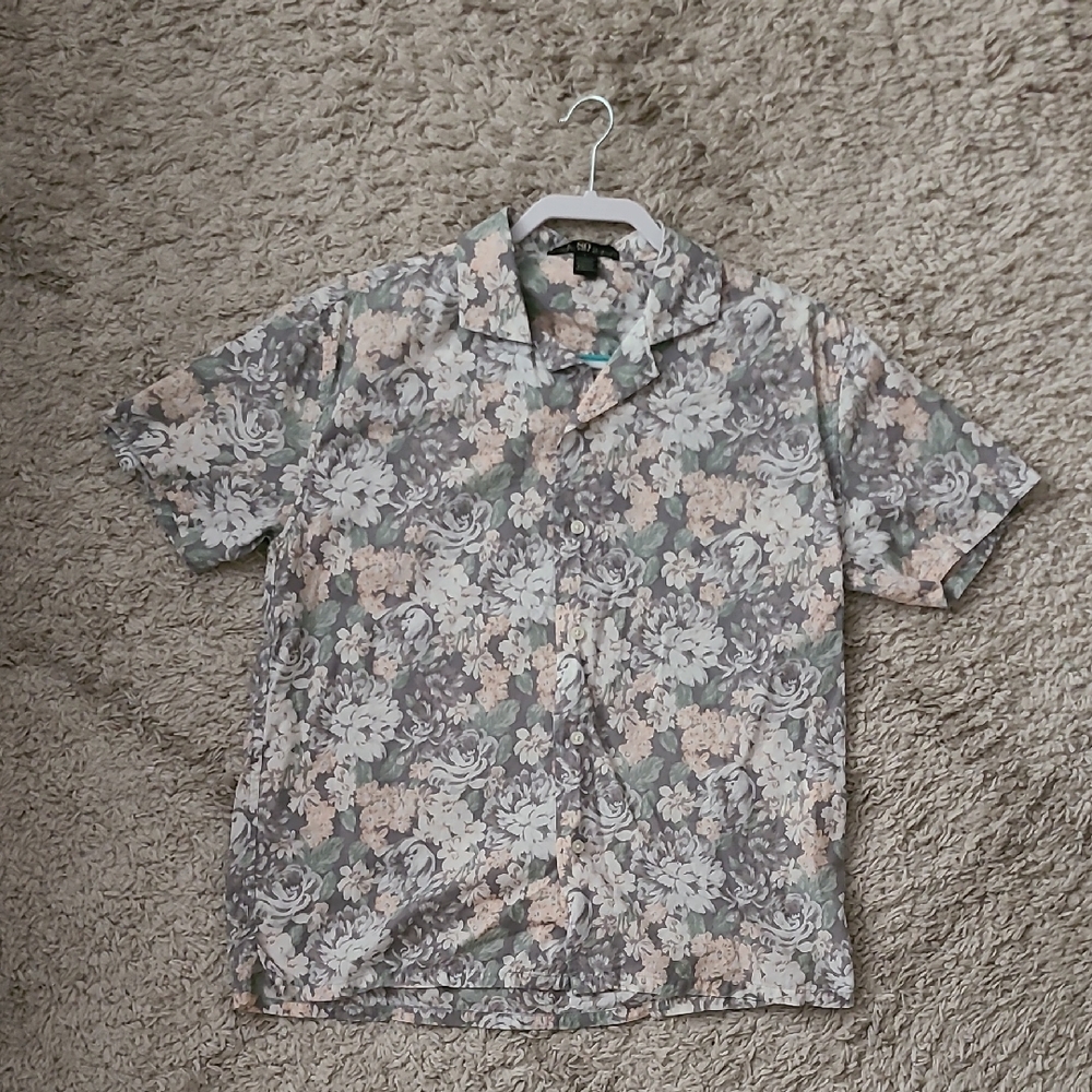 Floral Casual Button Down Shirt Gray and Cream 80 Park Large